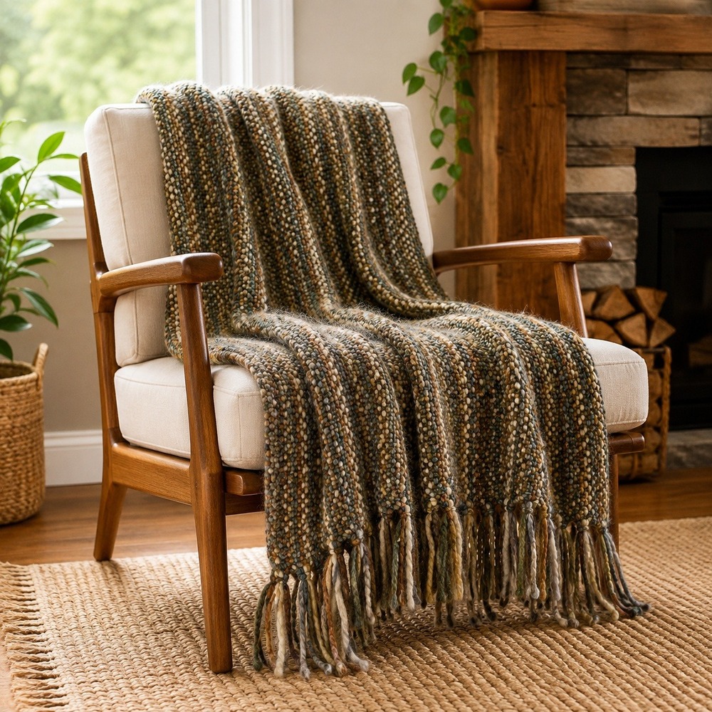 Kennebunk Home Stria Throw Blanket Woven Boucle Fringe Earthtone USA 40x70 Decor